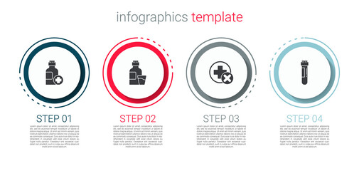 Set Bottle of medicine syrup, , Cross hospital medical and Test tube with blood. Business infographic template. Vector.