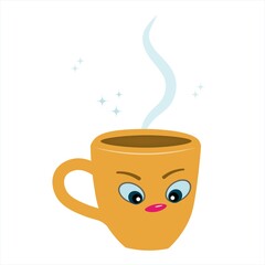 Cartoon yellow cup. A funny character. Coffee, earthenware dishes with an anthropomorphic face. Vector isolated illustration of comic kitchen utensils on white background. Menu design, templates.