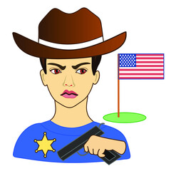 cool sheriff in a hat holds a gun in his hand, American flag is stuck nearby in the lawn, vector clip art on white isolated background