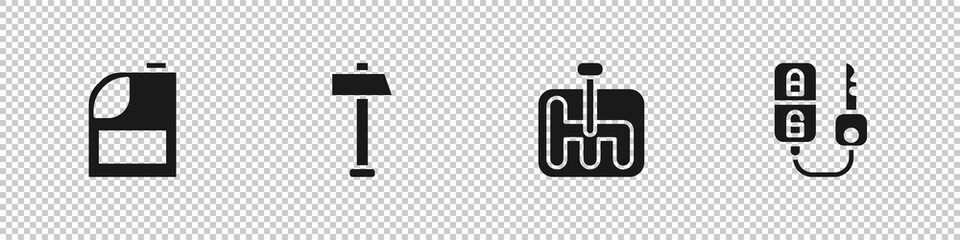Set Canister for motor machine oil, Hammer, Gear shifter and Car key with remote icon. Vector.