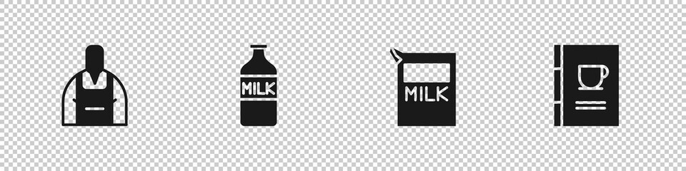 Set Barista, Bottle with milk, Paper package for and Coffee book icon. Vector.
