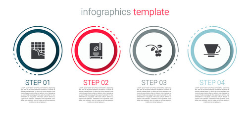 Set Chocolate bar, Coffee book, bean, branch and V60 coffee maker. Business infographic template. Vector.