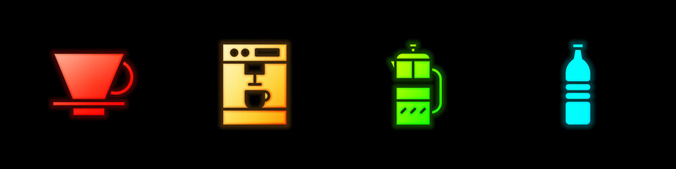 Set V60 coffee maker, Coffee machine, French press and Bottle water icon. Vector.