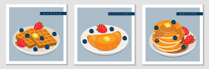 illustration isometric vector of stack of pancake, French croissant, homemade waffle with strawbery blueberry isolated on designed card.