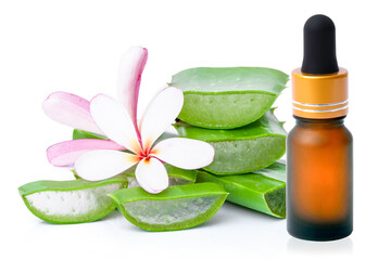 Aloe vera essential oil with aloevera leaf, frangipani flower and sliced isolated on white background.