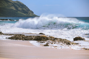 Big waves at Keawaula Beach Yokohama bay seat coast of oahu hawaii
