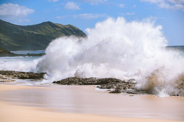 Big waves at Keawaula Beach Yokohama bay seat coast of oahu hawaii