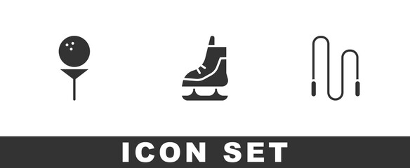 Set Golf ball on tee, Skates and Jump rope icon. Vector.