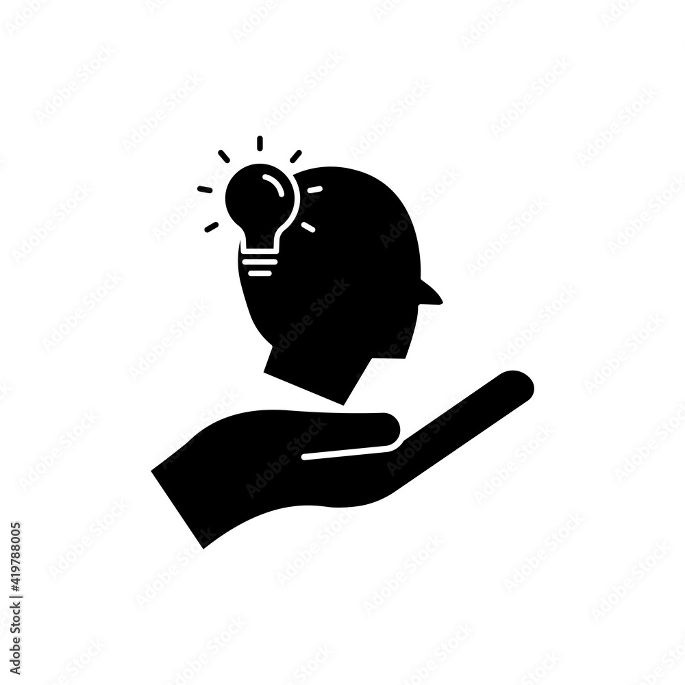 Poster hand icon with head and light bulb. concept of new idea. idea generation process. editable stroke. s