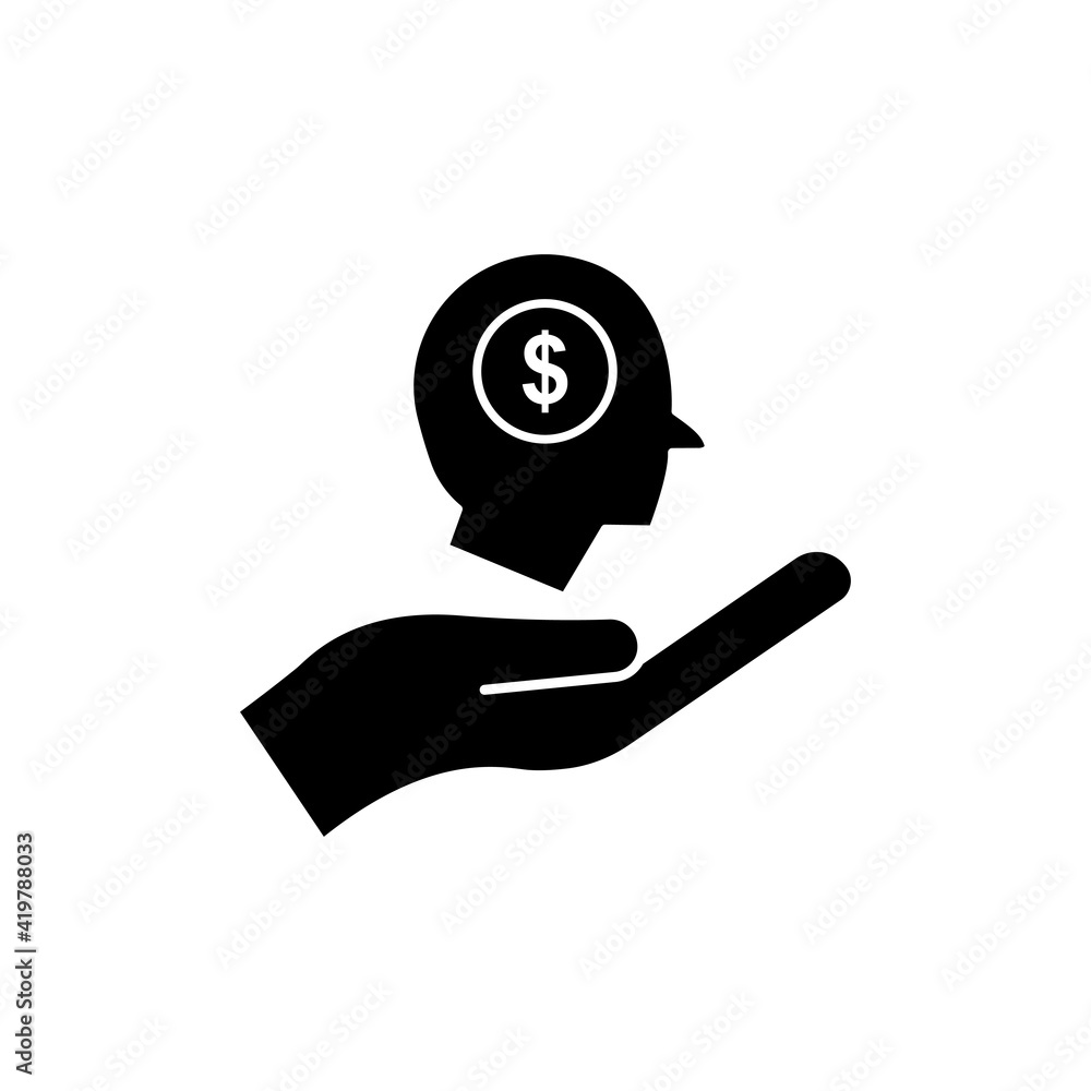 Aufkleber hand icon with head and dollar. business idea. idea generation process. editable stroke. simple illu
