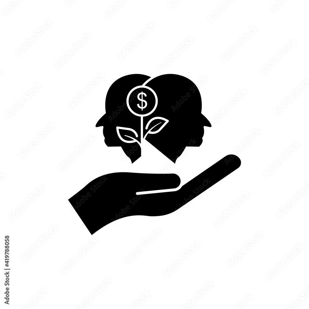 Aufkleber hand icon with head and dollar. business idea. idea generation process. editable stroke. simple illu