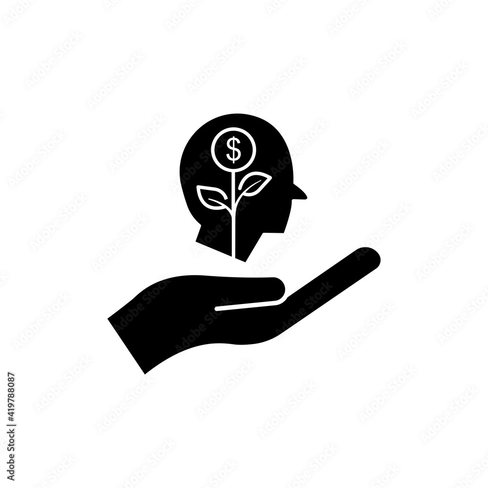 Aufkleber hand icon with head and dollar. business idea. idea generation process. editable stroke. simple illu