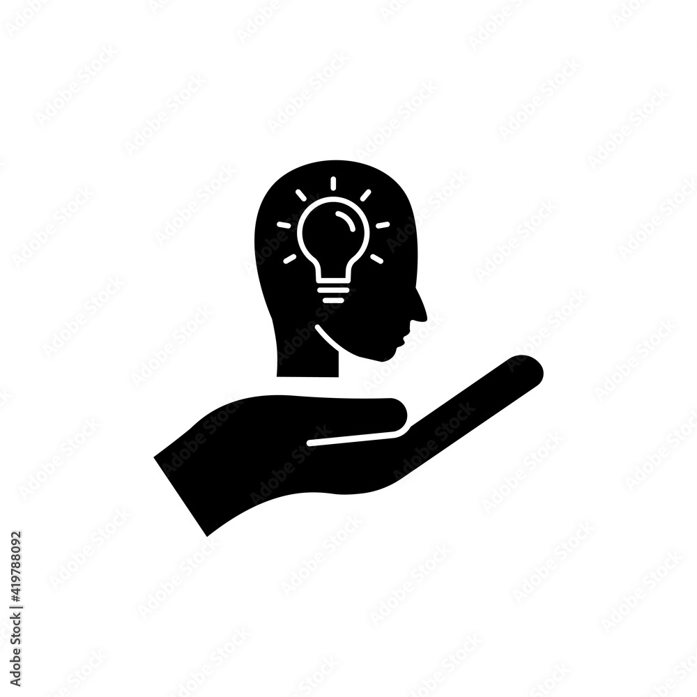 Poster hand icon with head and light bulb. concept of new idea. idea generation process. editable stroke. s