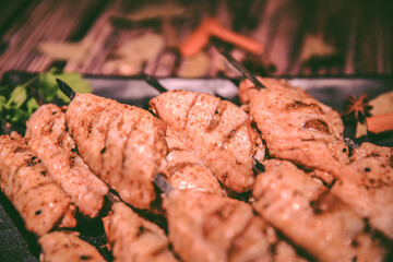 Chinese barbecue, skewers, chicken wings