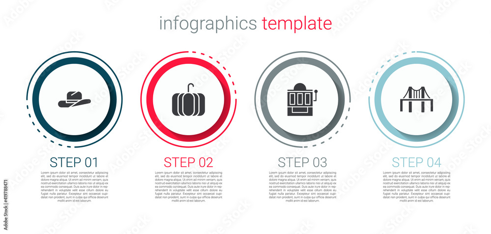 Sticker Set Western cowboy hat, Pumpkin, Slot machine and Golden gate bridge. Business infographic template. Vector.