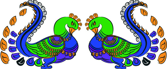 Kalamkari Indian traditional art on linen fabrics. peacock design on a different background. for textile printing, logo, wallpaper