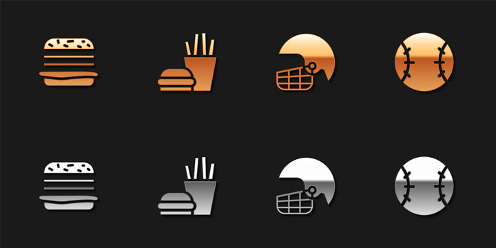 Set Burger, and french fries, American football helmet and Baseball icon. Vector.