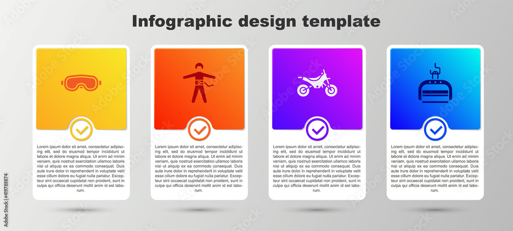 Sticker set ski goggles, bungee jumping, mountain bike and lift. business infographic template. vector.