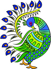 Kalamkari Indian traditional art on linen fabrics. peacock design on a different background. for textile printing, logo, wallpaper