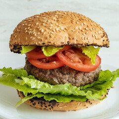 Homemade burger with roasted beef cutlets, fresh lettuce salad and tomato slices.