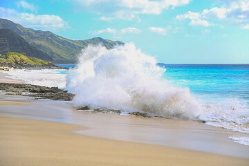 Big waves at Keawaula Beach Yokohama bay seat coast of oahu hawaii