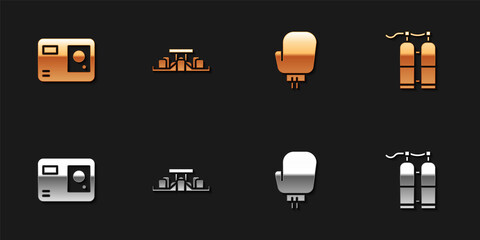 Set Action extreme camera, Formula 1 racing car, Boxing glove and Aqualung icon. Vector.