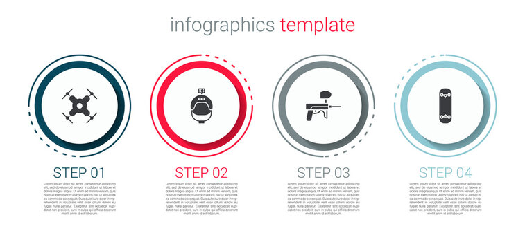 Set Drone flying, Helmet and action camera, Paintball gun and Skateboard trick. Business infographic template. Vector.