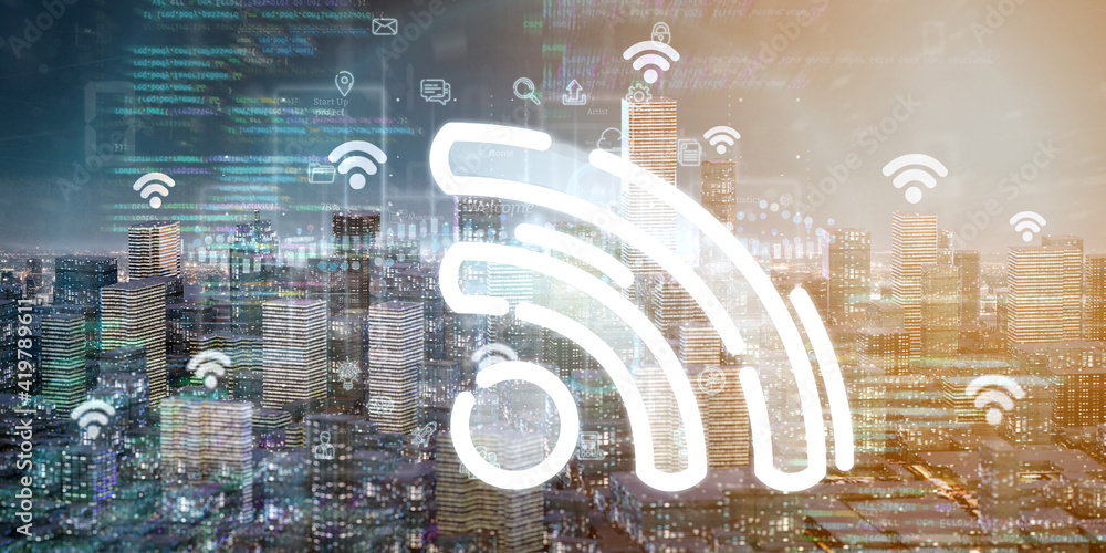 Poster smart city with wifi network and communication connection - 3d rendering