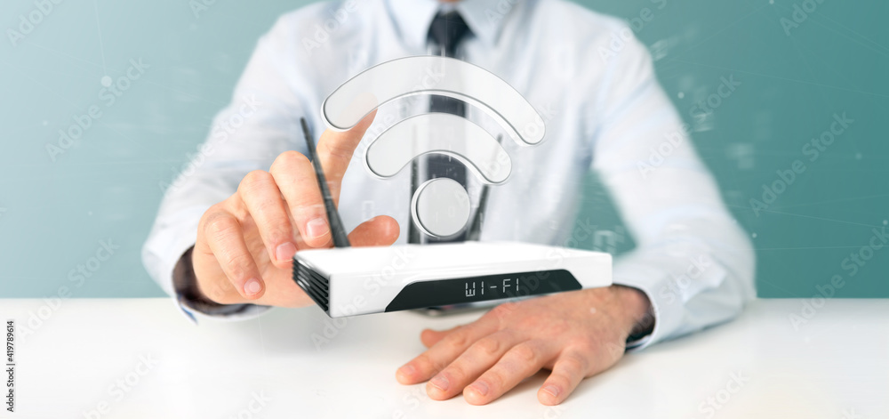 Poster businessman holding a wifi router and data - 3d rendering