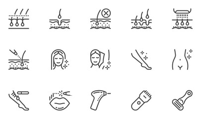 Hair Removal Vector Line Icons. Laser Epilation and Cosmetology. Smooth Skin. Body Face Hair Removal Methods. Shaving and Waxing. Editable Stroke. 48x48 Pixel Perfect.