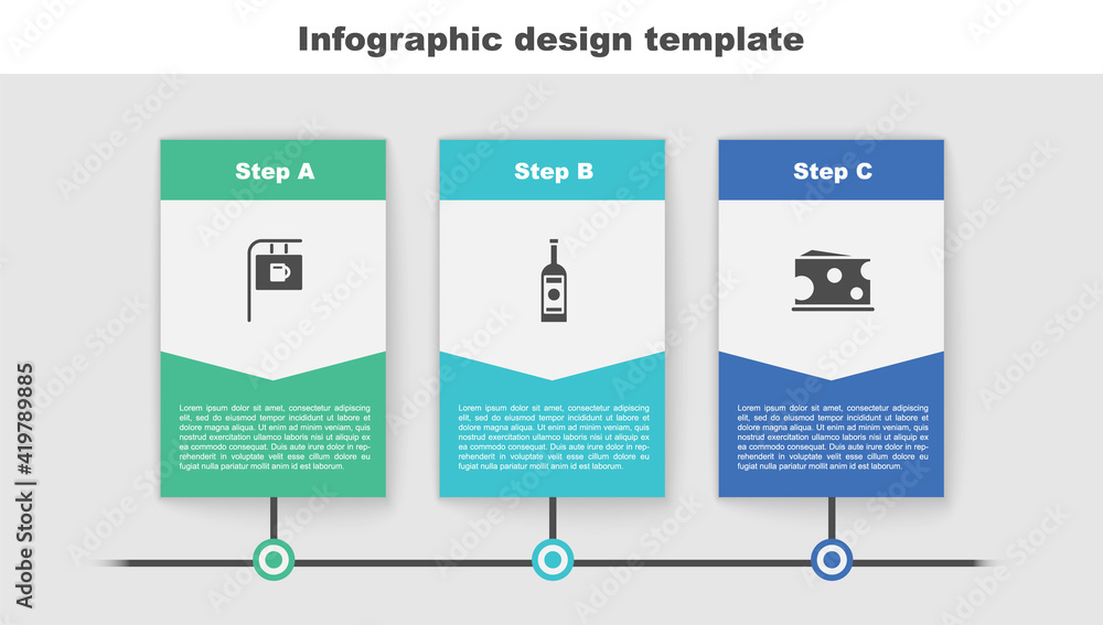 Sticker Set Street signboard with Bar, Glass bottle of vodka and Cheese. Business infographic template. Vector.