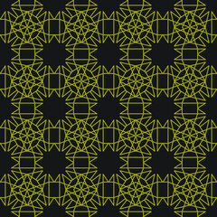 Complex geometric repeating outline pattern in straight yellow lines on a black background, vector illustration