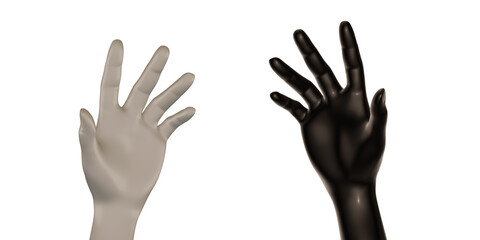 White and black hands White background 3d illustration