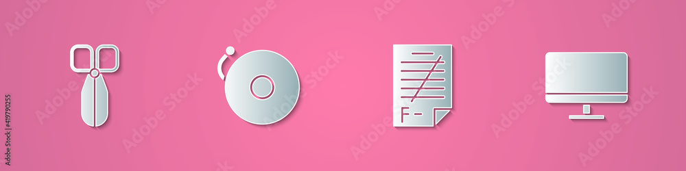 Poster set paper cut scissors, ringing alarm bell, exam paper with incorrect answers and computer monitor s