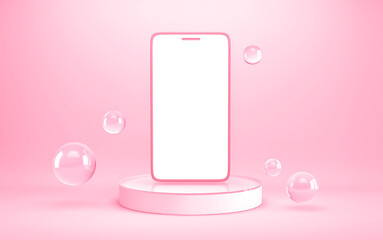 Blank smartphone screen with podium and glass spheres on pink background