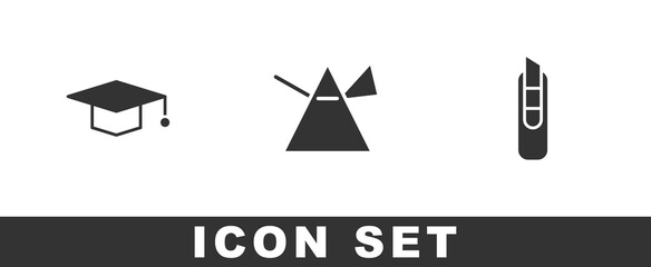 Set Graduation cap, Light rays in prism and Stationery knife icon. Vector.