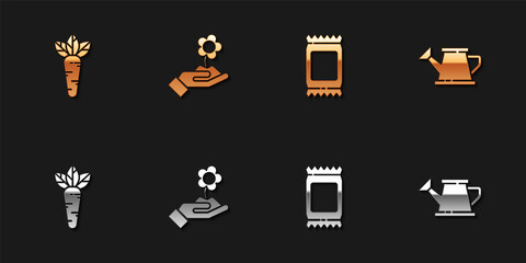 Set Carrot, Hand holding flower, Fertilizer bag and Watering can icon. Vector.