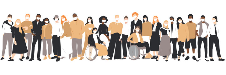 People of different ethnicities stand side by side together. People in white medical face masks. Flat vector illustration.	
