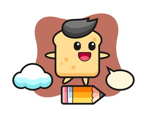 Bread mascot illustration riding on a giant pencil