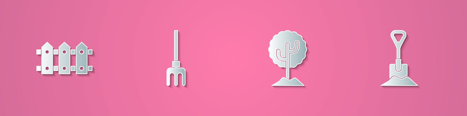 Set paper cut Garden fence wooden, rake, Tree and Shovel in the ground icon. Paper art style. Vector.