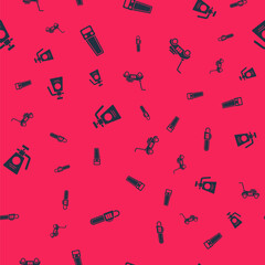 Set Chainsaw, Hand, Garden sprayer for fertilizer and Lawn mower on seamless pattern. Vector.