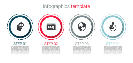 Set Support operator in touch, Browser FAQ, Shield and Stopwatch. Business infographic template. Vector.