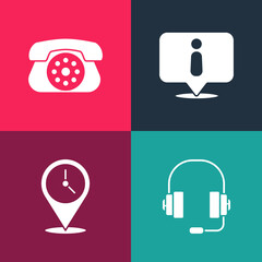 Set pop art Headphones, Location with clock, Information and Telephone icon. Vector.