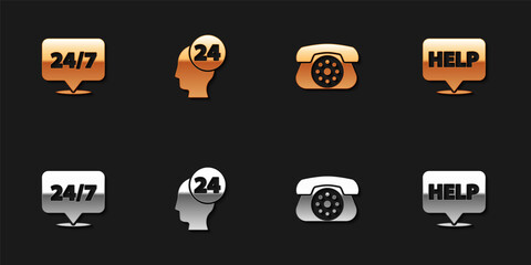 Set Clock 24 hours, Support operator in touch, Telephone and Speech bubble with text Help icon. Vector.