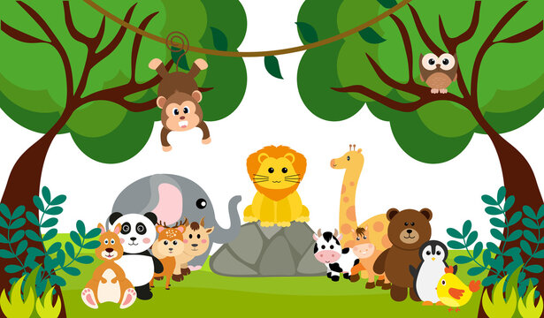 Vector Cute Jungle Animals in Cartoon Style, wild Animal, Zoo Designs for Background, Baby Clothes. Hand Drawn Characters