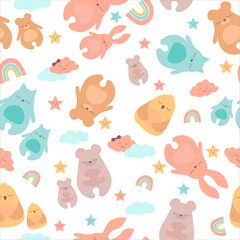 Seamless pattern with cute sleeping animals in flat design . For t-shirt print, kids nursery, baby shower, textile
