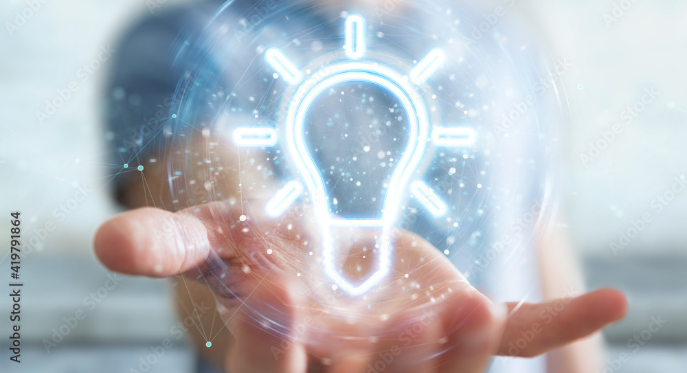 Leinwandbilder Man using lightbulb neon digital interface 3D rendering