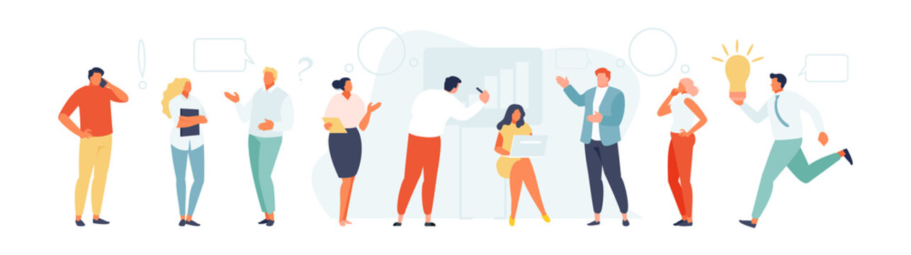 Group of communicating business people. Discussion, problem solving, brainstorming. Vector illustration banner