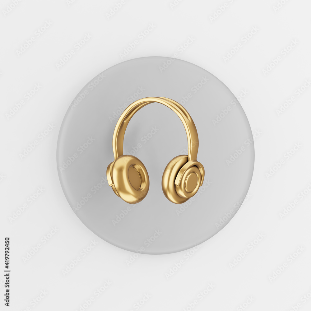 Poster gold headphones icon in cartoon style. 3d rendering gray round button key, interface ui ux element.