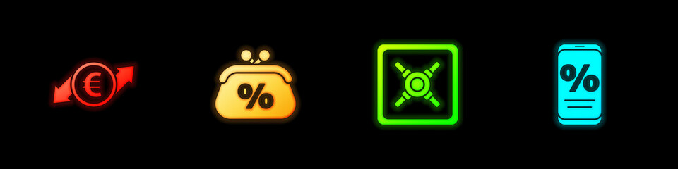 Set Financial growth and euro coin, Purse money percent, Safe and Percent discount mobile icon. Vector.